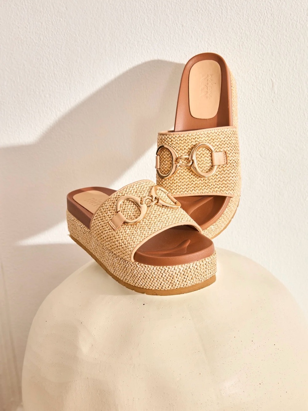 Woven Raffia Platform Slide Sandals - Natural Tan - Picture 1 of 2
